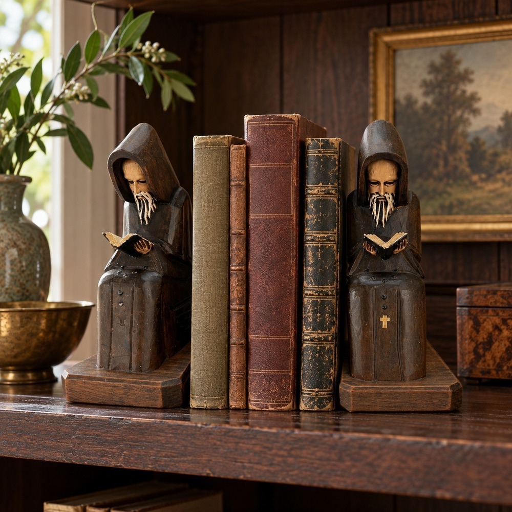 Vintage Wood Monk Bookends Pair, Gothic Library Shelf Decor